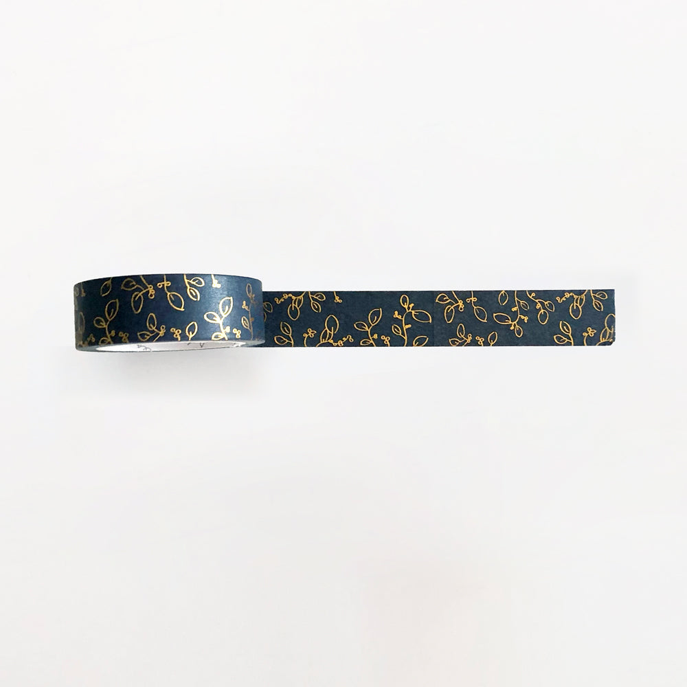 Navy Blue Gold Foil Floral Washi Tape
