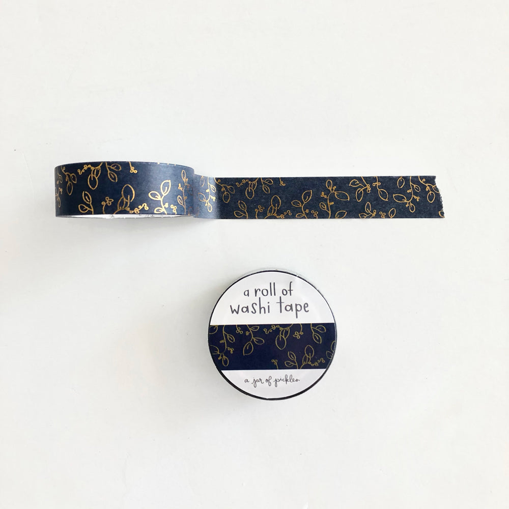 Load image into Gallery viewer, Navy Blue Gold Foil Floral Washi Tape
